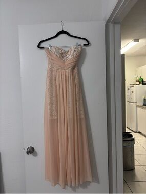 Teeze Me Strapless Peach Lace-Accented Gown